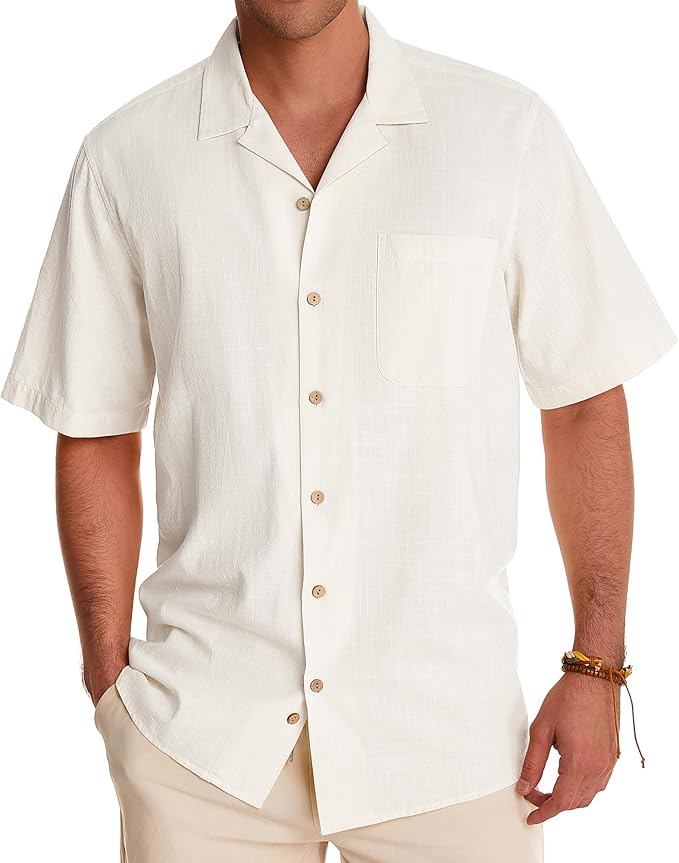 Alimens & Gentle Mens Linen Shirts Cotton Hawaiian Shirts Short Sleeve Button Down Shirts Casual Summer Beach Tops
